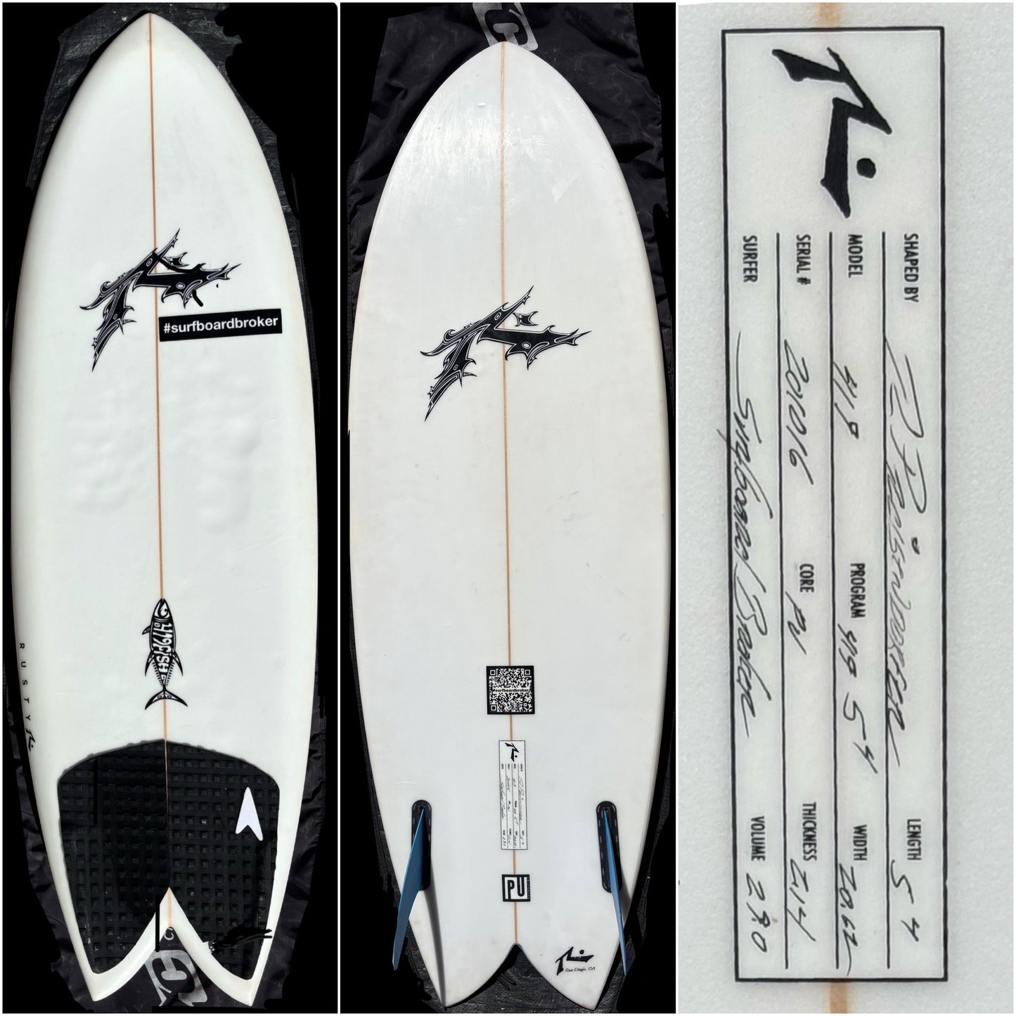 Rusty Surfboards 419 Like New Surfboard with NVS Apex Twin Fin Included 5.4" X 20.62" X 2.14" 29L